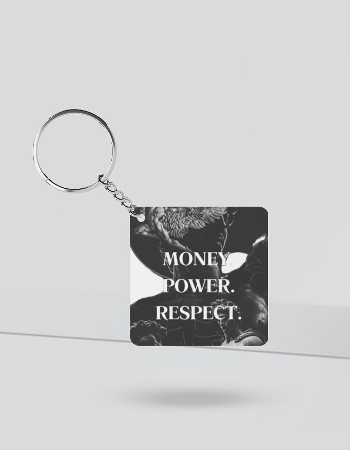 Anime keychain for Gen Z with black and white design featuring money power respect text