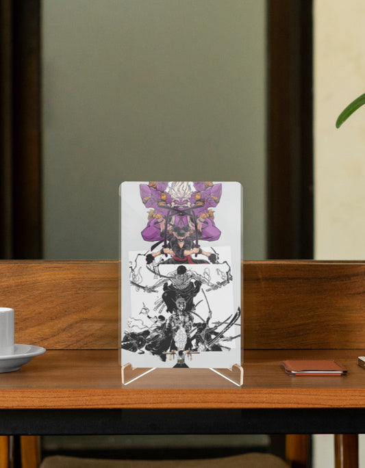 Acrylic stand displaying vibrant King of Hell anime relic artwork in a stylish home setting