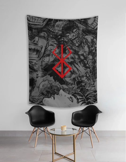 Berserk wall tapestry black and gray manga collage with red brand symbol hanging above modern chairs