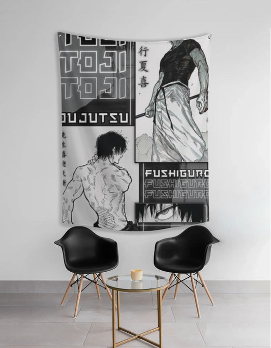 Toji tapestry Jujutsu Kaisen black and white collage wall tapestry showing Toji Fushiguro panels ideal anime room decor