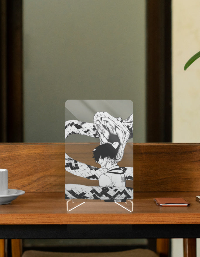 Oliver anime art display featuring a striking black and white illustration on a sleek stand