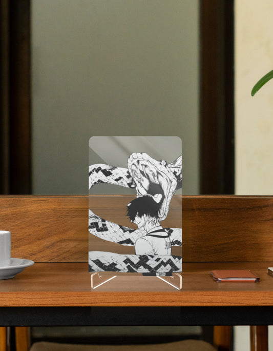 Oliver anime art display featuring a striking black and white illustration on a sleek stand