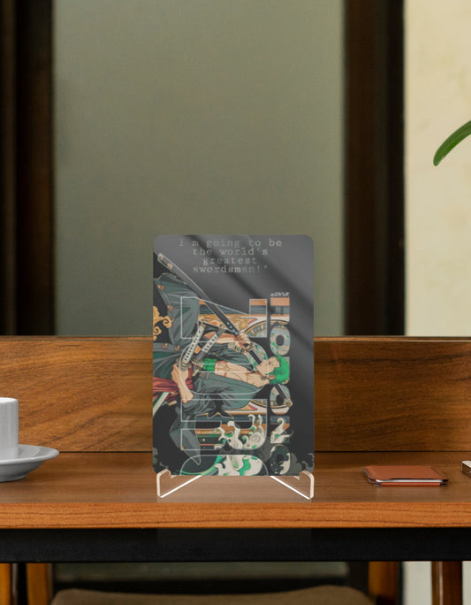 Zoro character relic glass display featuring vibrant artwork and inspirational quote on a wooden table
