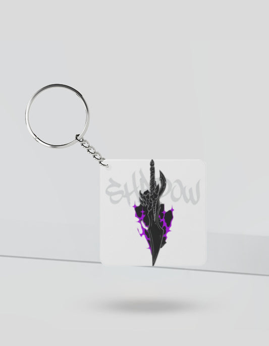 Anime shadow keychain featuring a black and purple blade design with metallic keyring