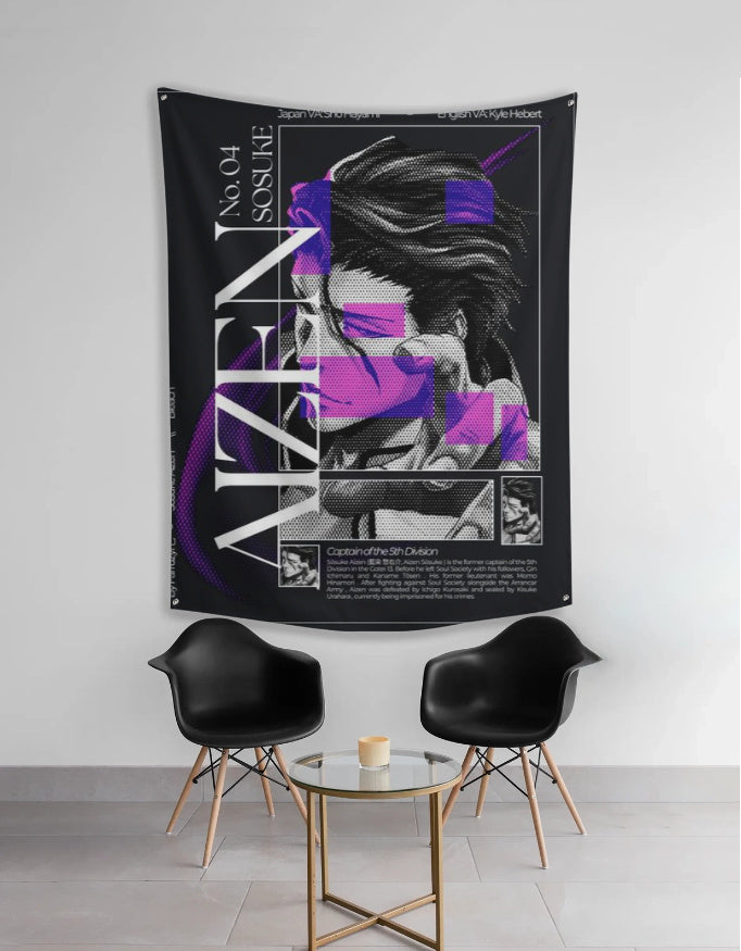 Aizen anime tapestry black wall art featuring stylized Aizen portrait with purple geometric accents for bedroom or studio decor