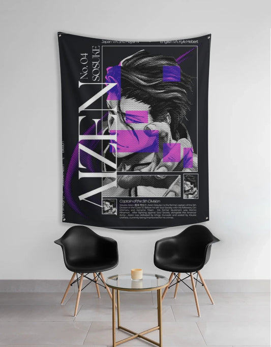 Aizen anime tapestry black wall art featuring stylized Aizen portrait with purple geometric accents for bedroom or studio decor