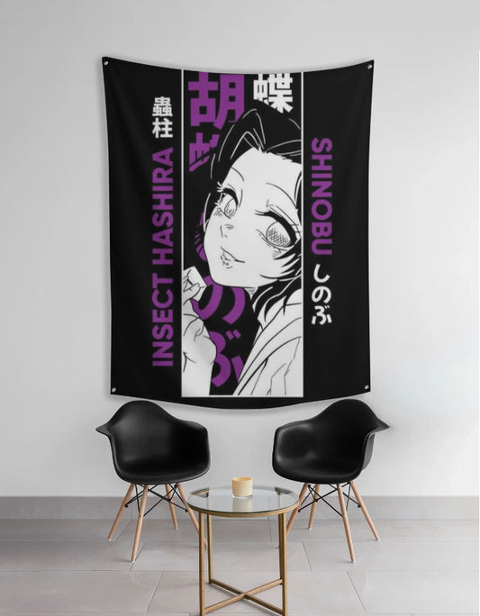 anime insect hashira tapestry featuring Shinobu manga style black purple portrait wall hanging for room decor