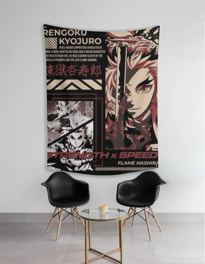 AnimeVerseStore Flame Hashira tapestry with Rengoku Kyojuro portrait and manga panels red black wall decor