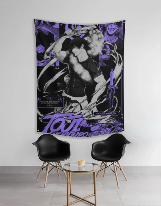 Toji Fushiguro tapestry black and purple anime collage wall art showing Toji with sword for bedroom decor