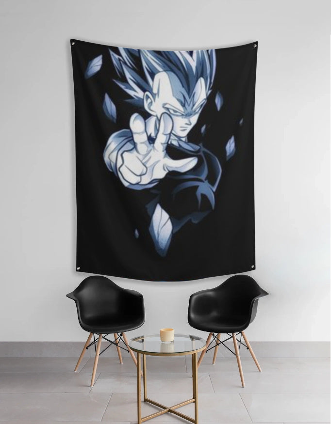 Majin Vegeta tapestry anime wall art hanging on living room wall above two black chairs and small round table