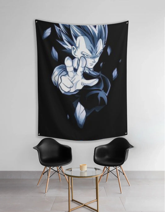 Majin Vegeta tapestry anime wall art hanging on living room wall above two black chairs and small round table
