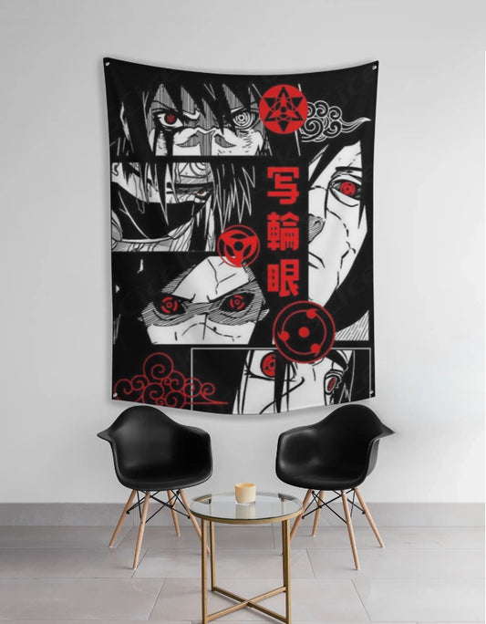 Uchiha tapestry wall hanging black red anime collage featuring Uchiha clan characters with Sharingan eyes