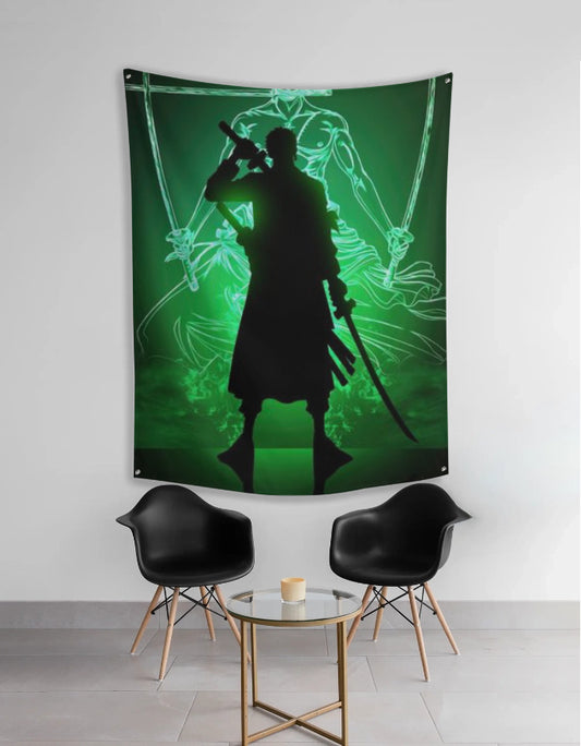 Zoro anime tapestry green neon silhouette of swordsman with three katanas wall decor for bedroom