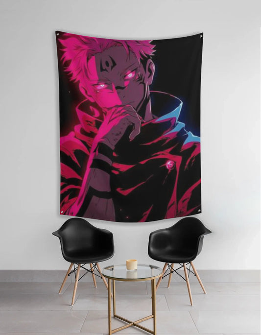 Sukuna tapestry black and red anime wall hanging featuring Eren Yeager Attack on Titan art
