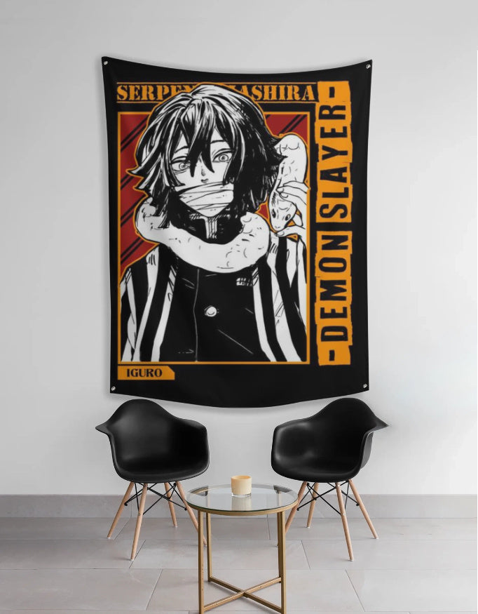Serpent Tapestry Demon Slayer hanging wall art featuring Iguro Obanai with snake wrapped around neck
