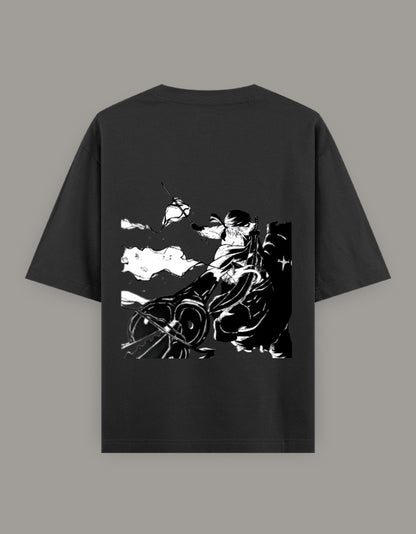 Black back view zoro anime t-shirt with large white Jolly Roger skull and crossbones graphic