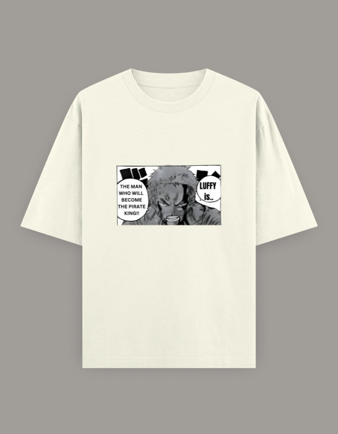 Cream oversized zoro anime t-shirt with black and white manga illustration of a swordsman and coiling snake