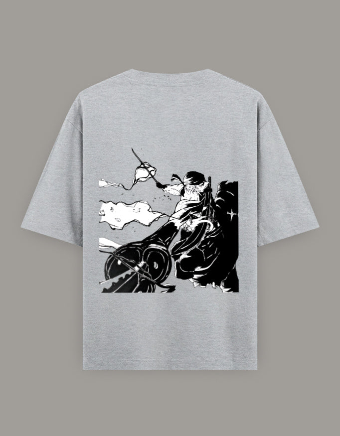AnimeVerseStore gray cotton zoro anime t-shirt with bold white skull and crossed swords pirate emblem on back