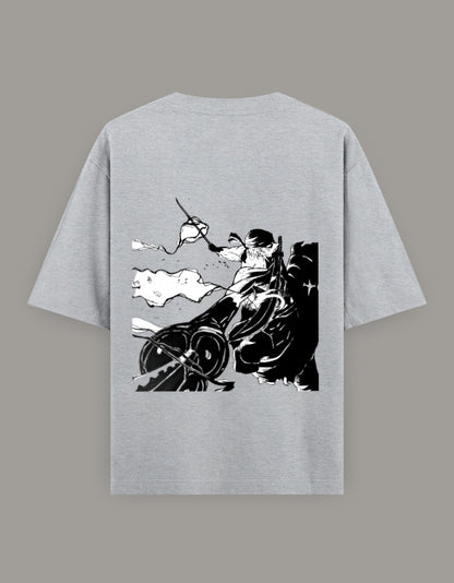 AnimeVerseStore gray cotton zoro anime t-shirt with bold white skull and crossed swords pirate emblem on back