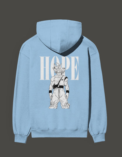 Light blue ultra instinct anime hoodie featuring a bold graphic of Goku with 'HOPE' text on the back