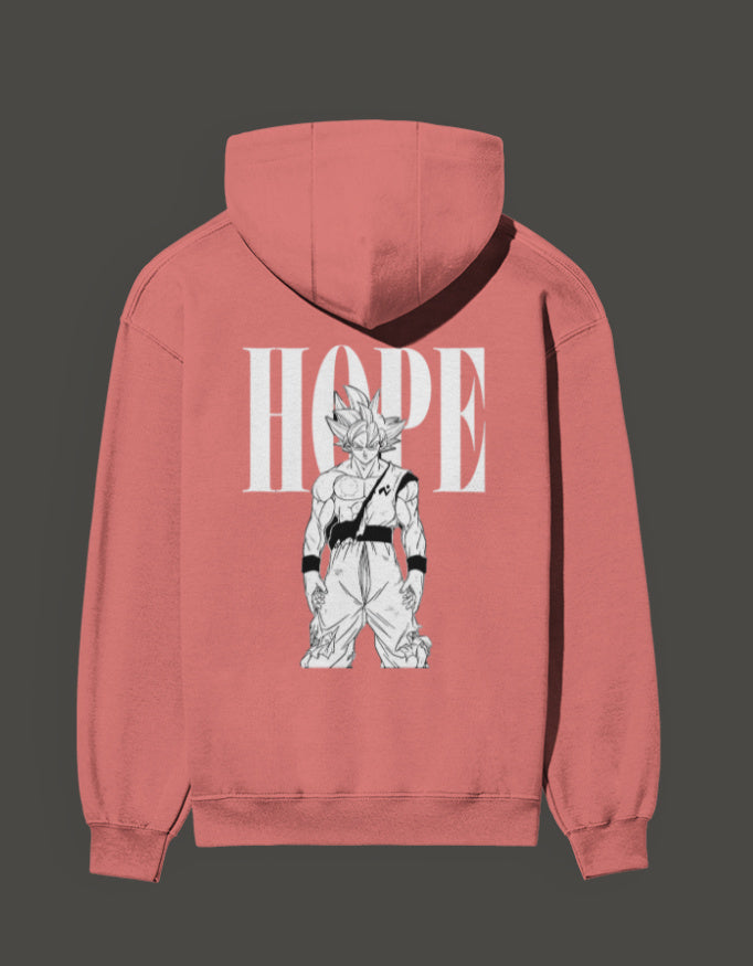 Ultra instinct anime hoodie in coral featuring a motivational design with 'HOPE' and character artwork