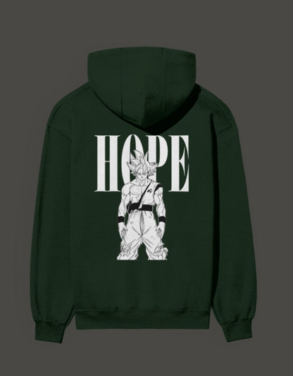 Ultra instinct anime hoodie in dark green featuring a bold 'HOPE' graphic and character design