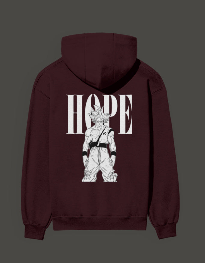 Ultra instinct anime hoodie in burgundy featuring a character design and the word 'HOPE' on the back