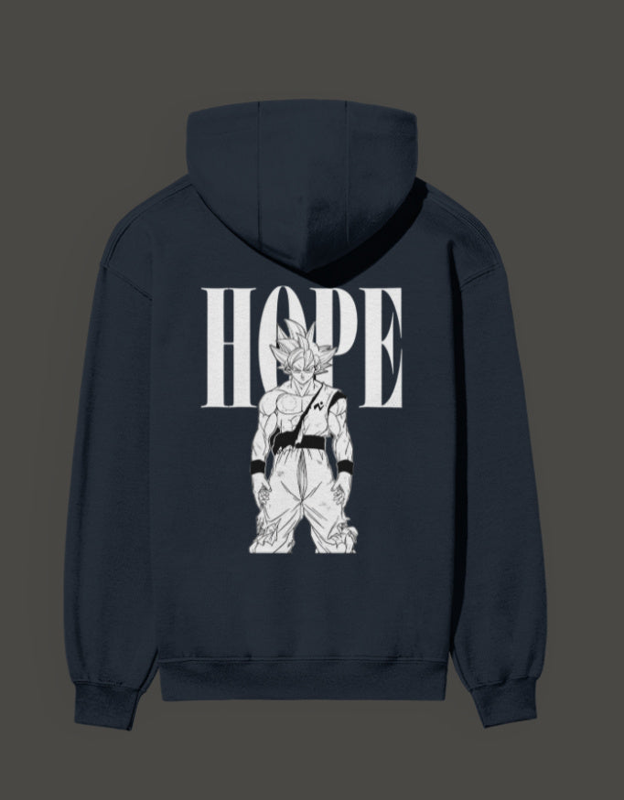 Ultra instinct anime hoodie featuring a stylized character design with the word HOPE on the back