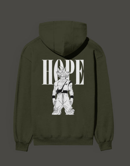 Ultra Instinct anime hoodie featuring a bold graphic of a character with the word HOPE on the back