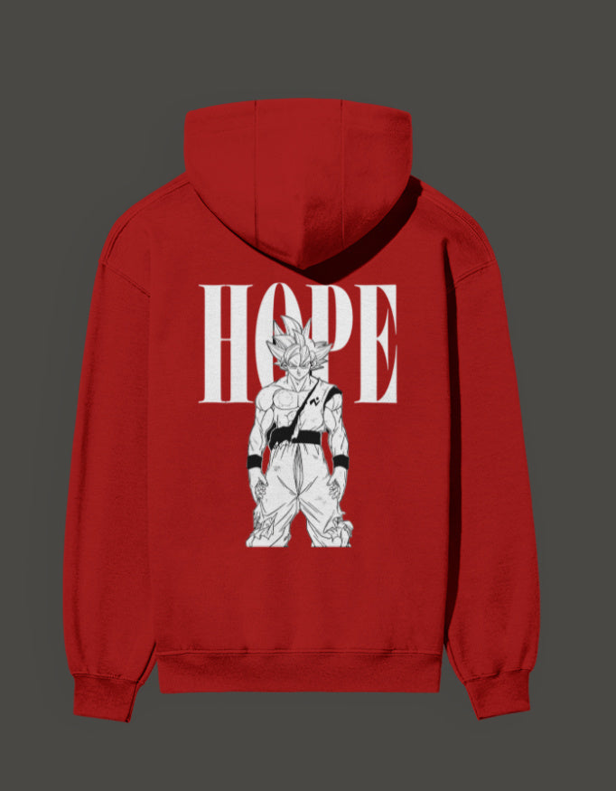 Red ultra instinct anime hoodie featuring a graphic of Goku with the word Hope on the back