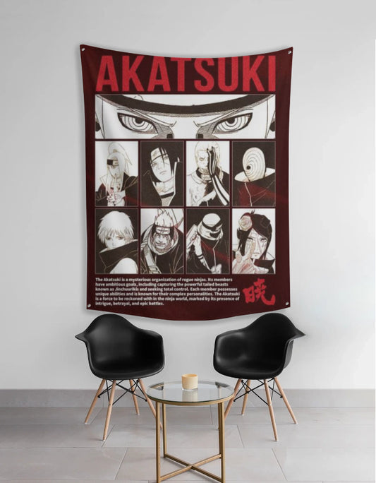 Akatsuki wall tapestry featuring red and black grid of Akatsuki characters with dramatic eye banner for bedroom decor