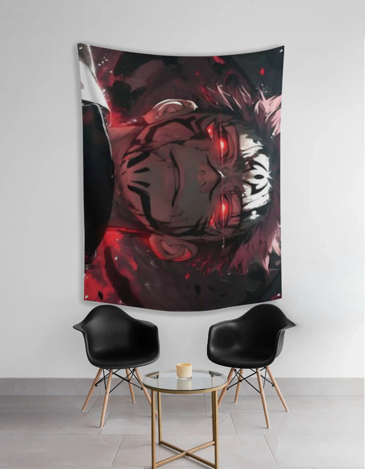 Sukuna tapestry wall hanging featuring menacing Sukuna face with glowing red eyes black red background above two modern chairs