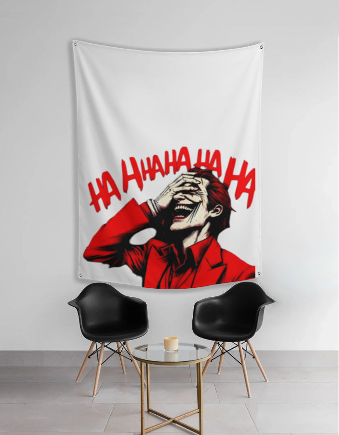 joker anime tapestry showing laughing Joker in a red suit with HAHAHA text above two black chairs
