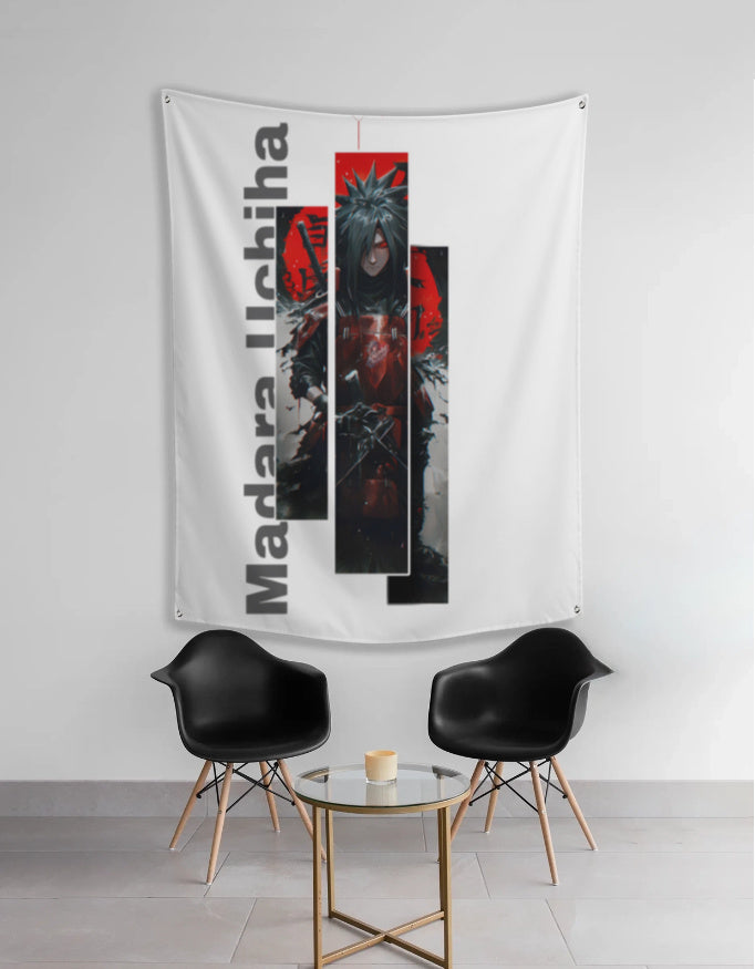AnimeVerseStore Madara Uchiha tapestry hanging on wall with dark red and black vertical panels showcasing Madara artwork