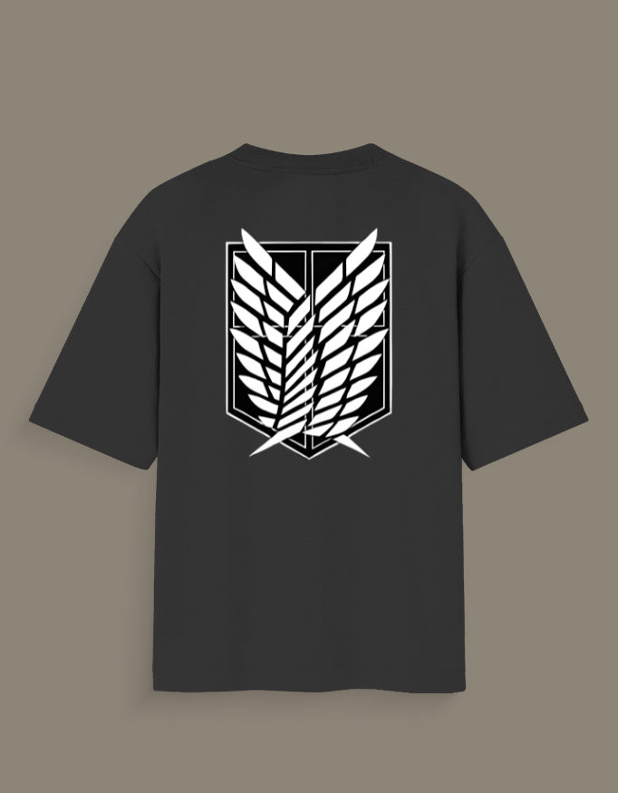 Black T-shirt featuring white AOT Survey Corps merch emblem on the back from AnimeVerseStore
