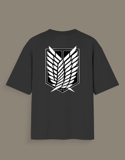 Black T-shirt featuring white AOT Survey Corps merch emblem on the back from AnimeVerseStore