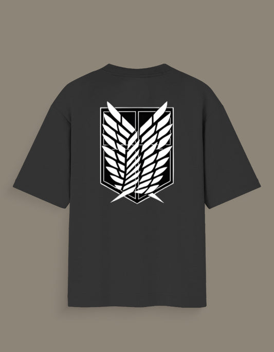 Black T-shirt featuring white AOT Survey Corps merch emblem on the back from AnimeVerseStore