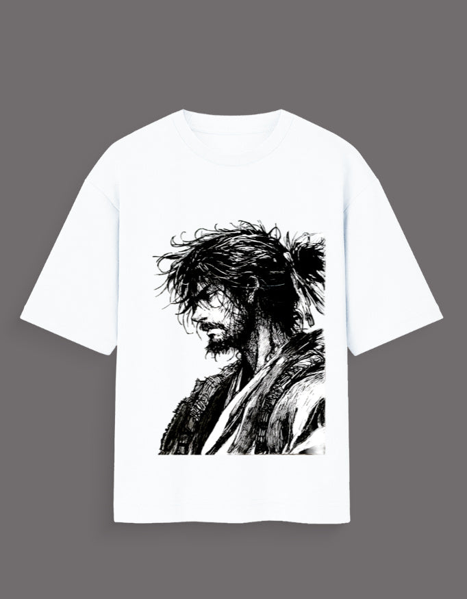 White artist graphic tee for Gen Z featuring black and white detailed sketch of a man with messy hair and beard