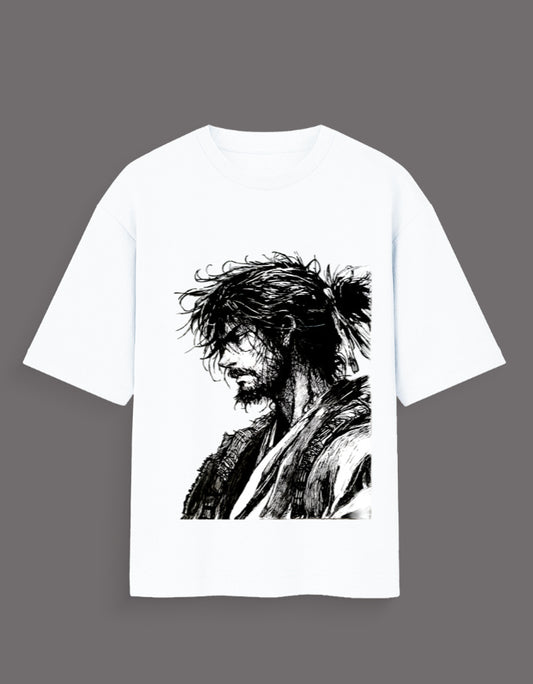White artist graphic tee for Gen Z featuring black and white detailed sketch of a man with messy hair and beard