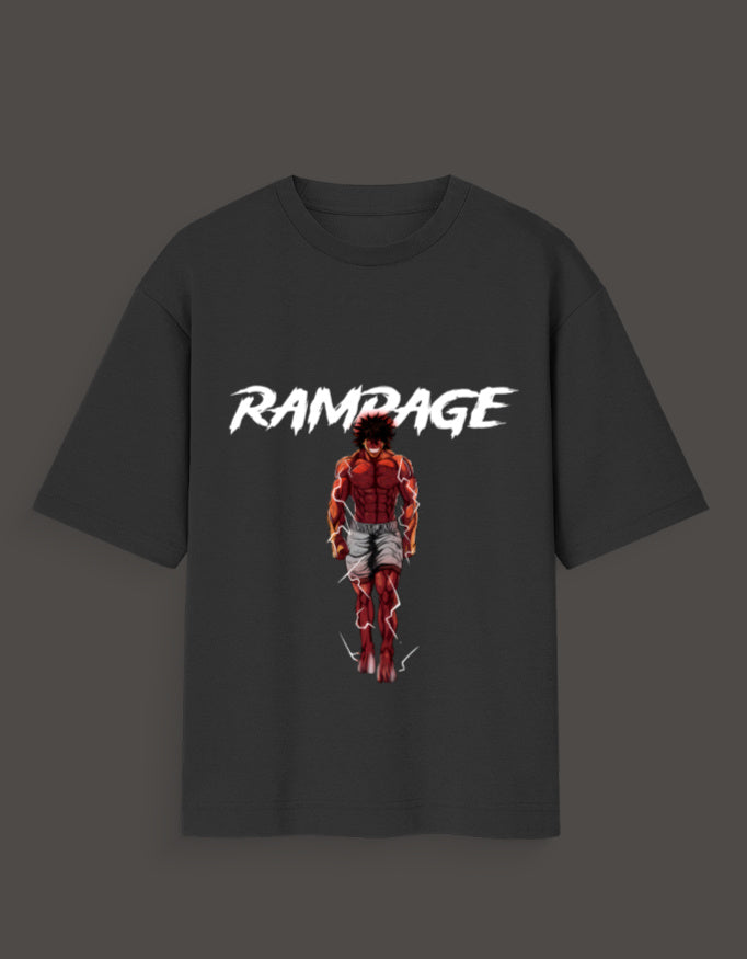 Ashura inspired anime tee in black featuring a powerful anime character with RAMPage text