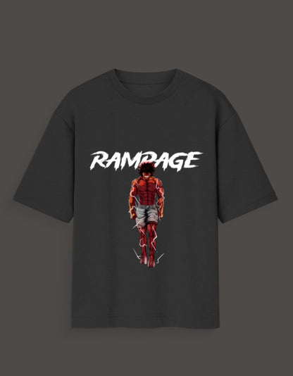 Ashura inspired anime tee in black featuring a powerful anime character with RAMPage text