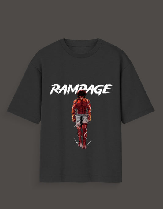 Ashura inspired anime tee in black featuring a powerful anime character with RAMPage text