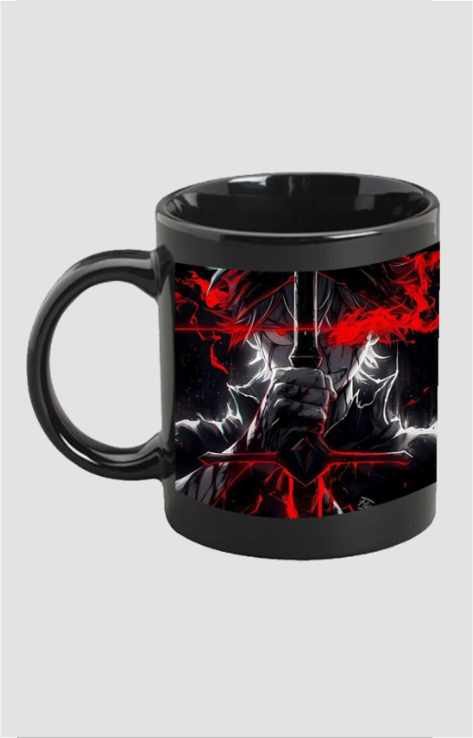 Black Asta anime coffee mug featuring a dramatic red and black anime character design with sword