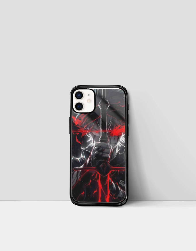 Asta iPhone glass case featuring dark anime art with a character holding a glowing red sword