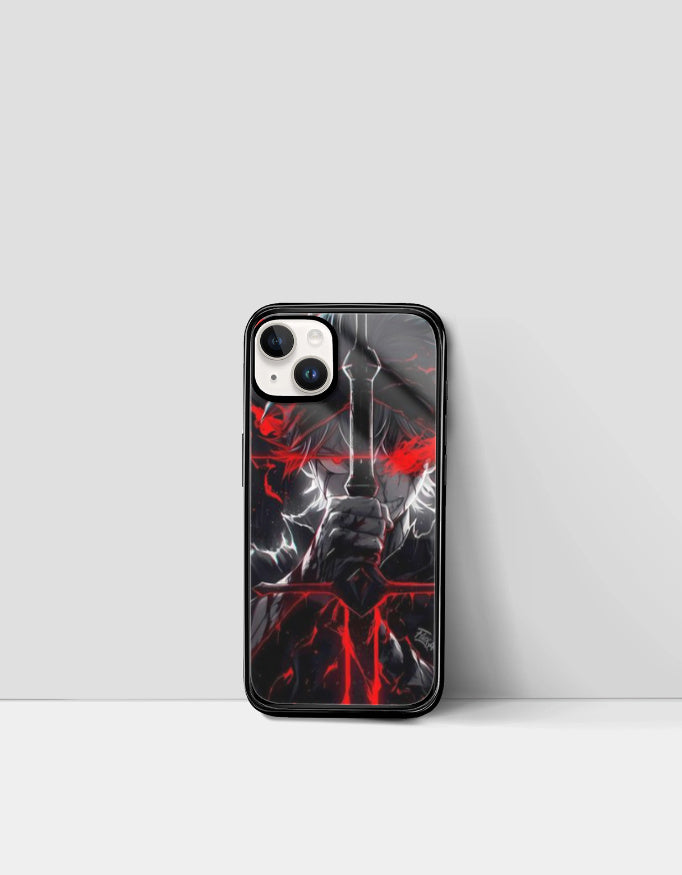 Asta iPhone glass case featuring dark anime design with red and white highlights holding a sword