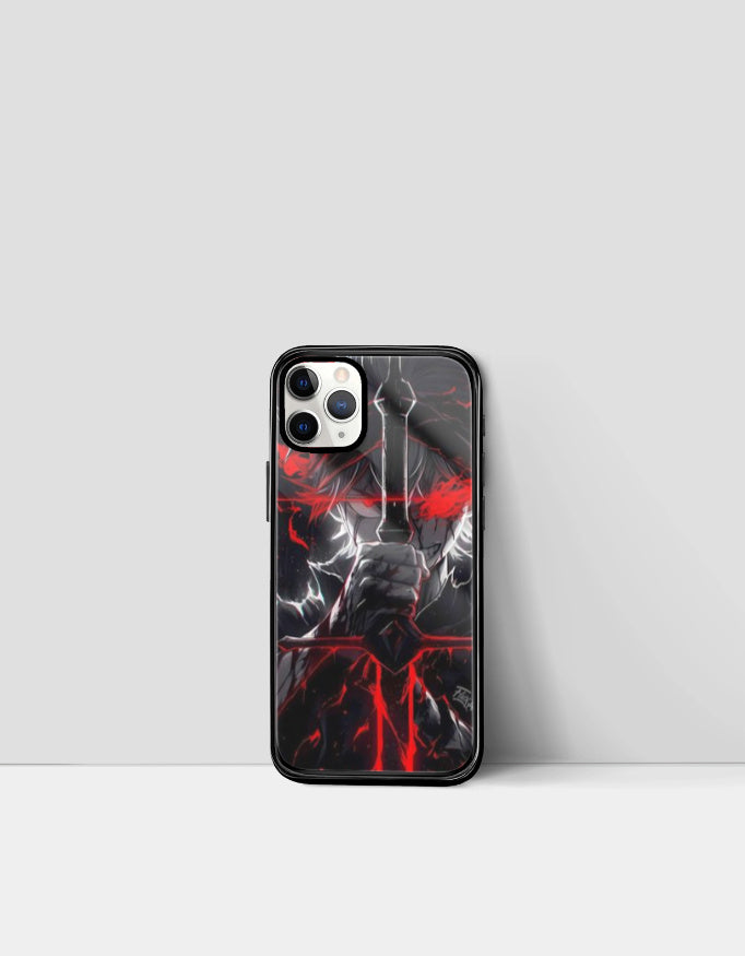 Asta iPhone glass case featuring dark anime design with red glowing sword and hand gripping blade