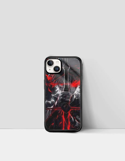 Asta iPhone glass case featuring dark anime design with glowing red and white sword graphics