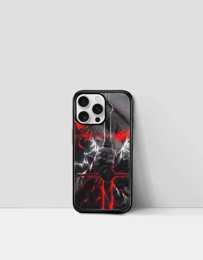 Asta iPhone glass case featuring dark anime design with red and black sword artwork