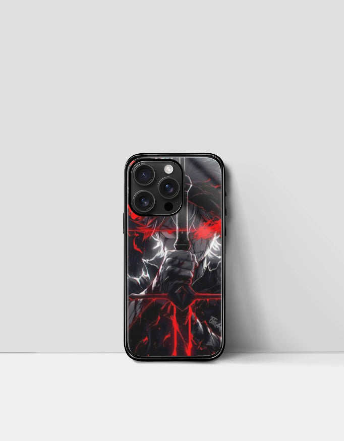 Asta iPhone glass case featuring dark anime character design with red and white highlights