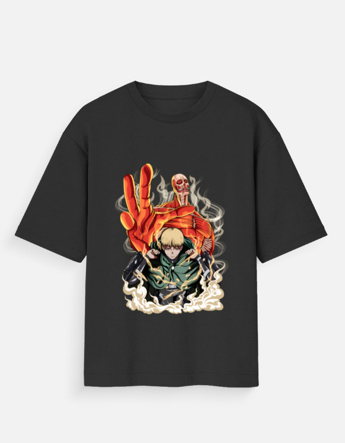 Black Attack on Titan t-shirt featuring Armin Arlert with Colossal Titan graphic design